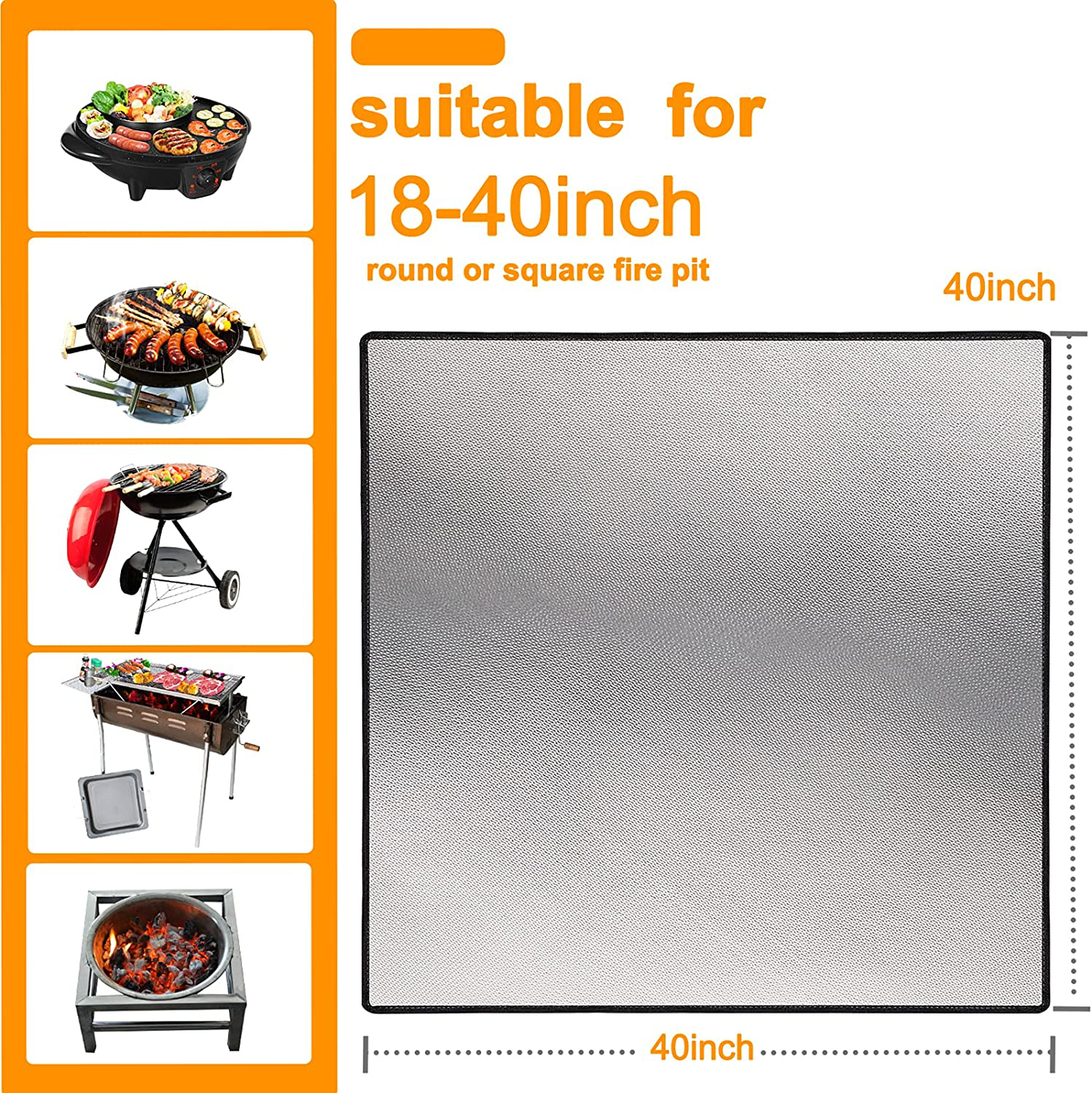 40" Square Fire Pit Mat Grill Mat,DocSafe Fireproof Mat 3 Layers Fire Pit Pad for Deck Patio Grass Outdoor Wood Burning Fire Pit and BBQ Smoker,Easy to Clean,Black & Silver