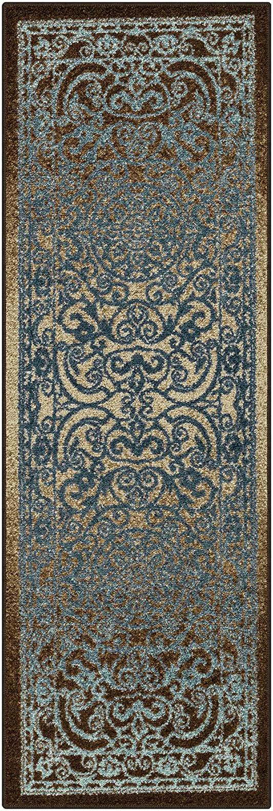 Maples Rugs Pelham Vintage Runner Rug Non Slip Hallway Entry Carpet [Made in USA], 2 x 6, Blue/Walnut