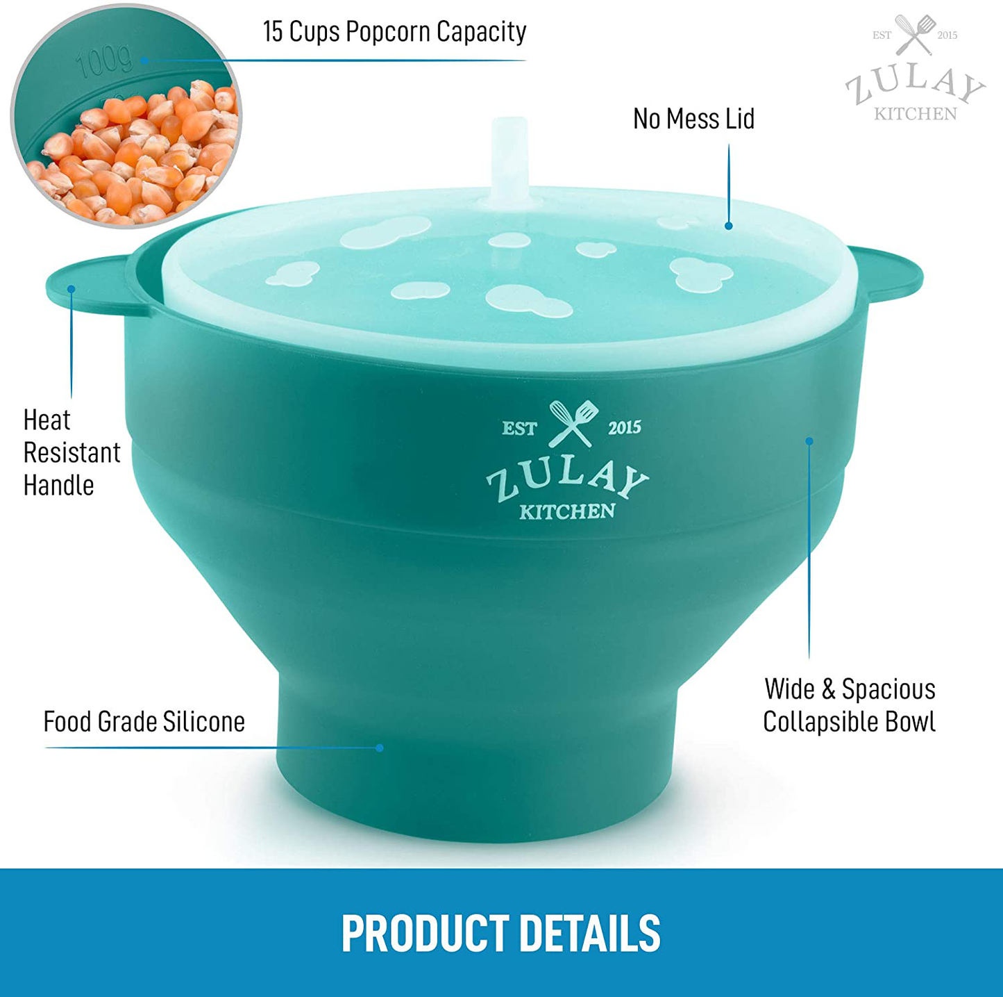 Zulay Kitchen Microwave Popcorn Popper Collapsible, BPA Free Silicone Popcorn Popper Microwave Collapsible Bowl, Quick & Easy Popcorn Popper Silicone Microwave (Aqua)
