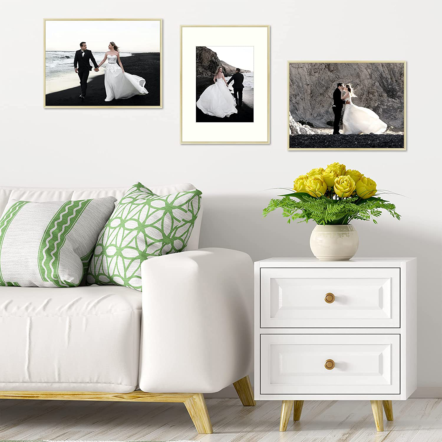 Frametory, 12x16 inch Gold Metal Picture Frame - Aluminum Thin Molding - Photo Frame with Ivory Color Mat for 8.5x11Wall Art & Pre-installed Mounting hardware - Real Glass