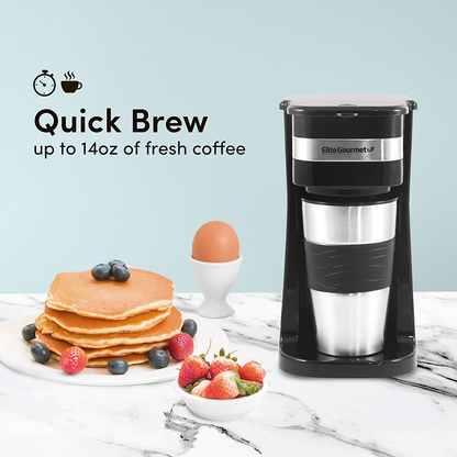 Elite Gourmet EHC111A Maxi-Matic Personal 14oz Single-Serve Compact Coffee Maker Brewer, Includes Stainless Steel Interior Thermal Travel Mug, Compatible with Coffee Grounds, Reusable Filter, Black