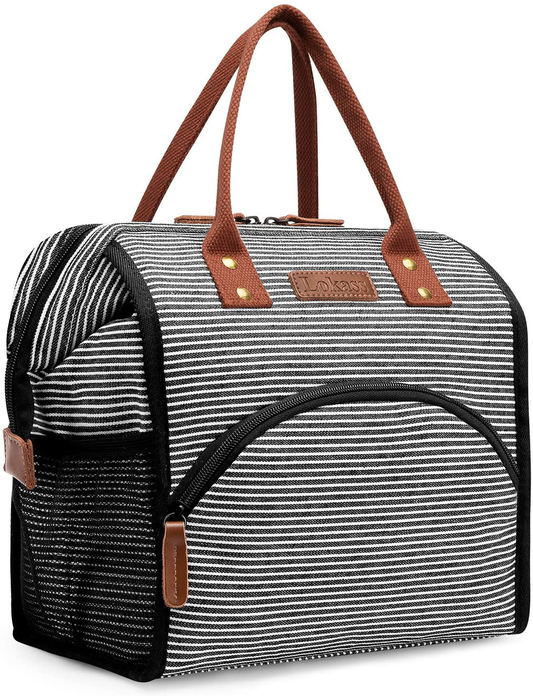 LOKASS Lunch Bag Insulated Lunch Box Wide-Open Lunch Tote Bag Large Drinks Holder Durable Canvas Thermal Snack Organizer for Women Men Adults College Work Picnic Hiking Beach Fishing,Stripes