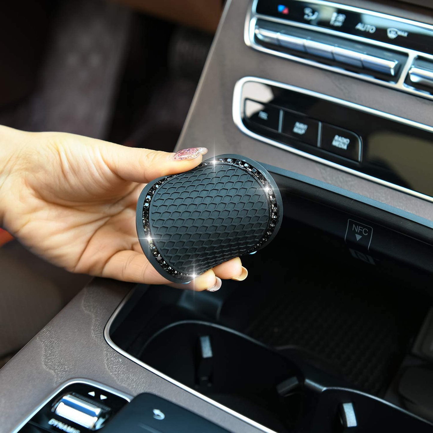 Valleycomfy 4PCS Bling Car Coasters, Universal Vehicle Bling Car Accessories -2.75 inch Silicone Anti Slip Crystal Rhinestone Cup Holder Coasters for Car (Black)