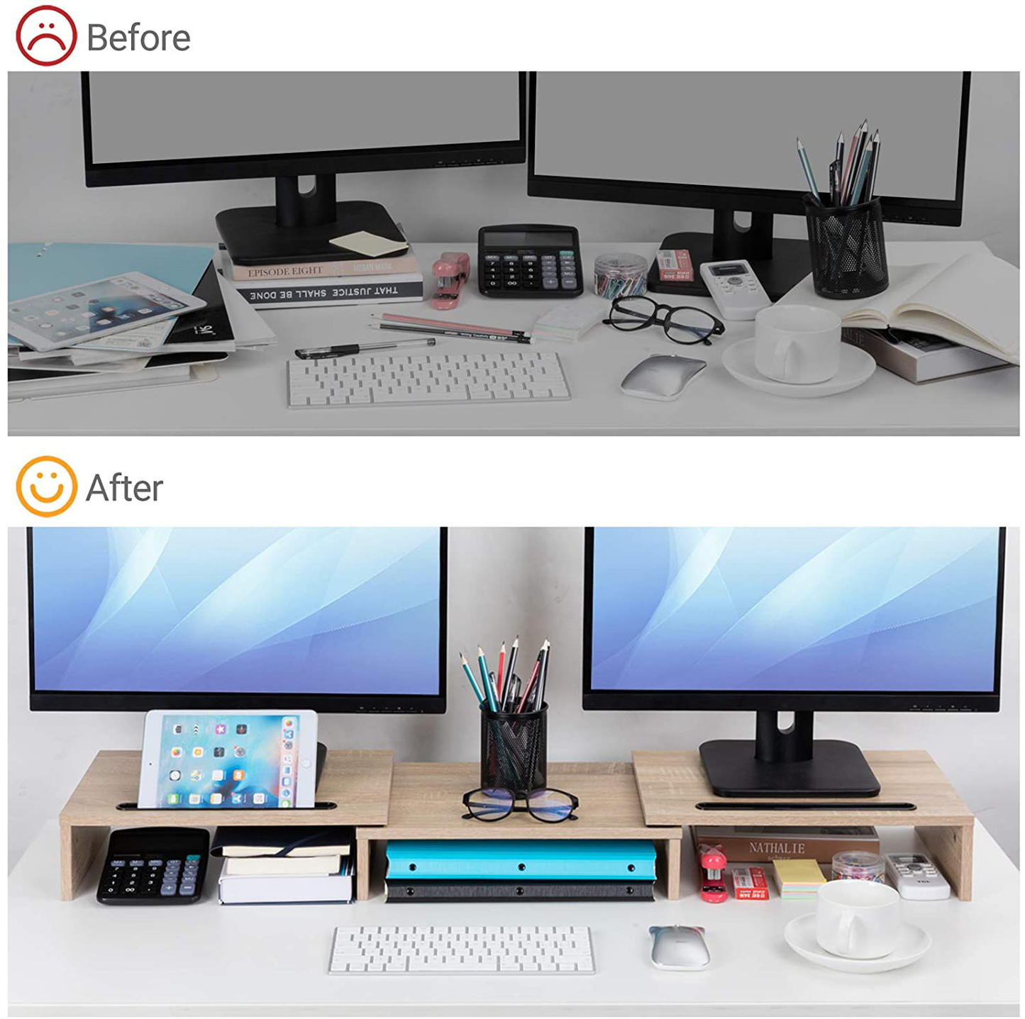 AMERIERGO Dual Monitor Stand Riser- 3 Shelf Screen Stand with Adjustable Length and Angle, 2 Extra Functional Slot Desktop Organizer Stand for PC, Computer, Laptop (Light Wood)