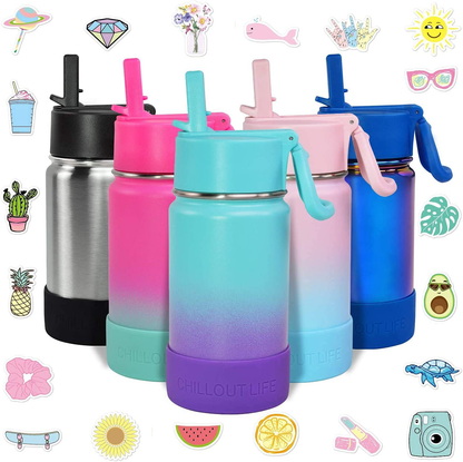 CHILLOUT LIFE 17 oz Insulated Water Bottle with Straw Lid for Kids and Adult + 20 Cute Waterproof Stickers - Perfect for Personalizing Your Kids Metal Water Bottle