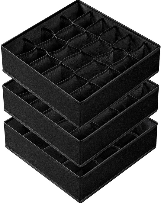 3 Pack Sock Underwear Organizer Dividers, 64 Cell Fabric Foldable Cabinet Closet Organizers and Storage Boxes for Storing Socks, Underwear, Ties (16+24+24 Cell, Black)