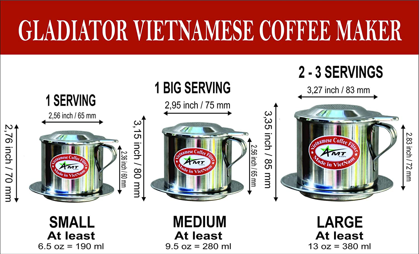 AMT 6.5 OZ Vietnamese Coffee Maker, 1 Serving Phin, Screw Down Coffee Vietnamese Coffee Filter Vietnam Coffee Dripper for making Vietnamese Style at Home Office(7, Handle))