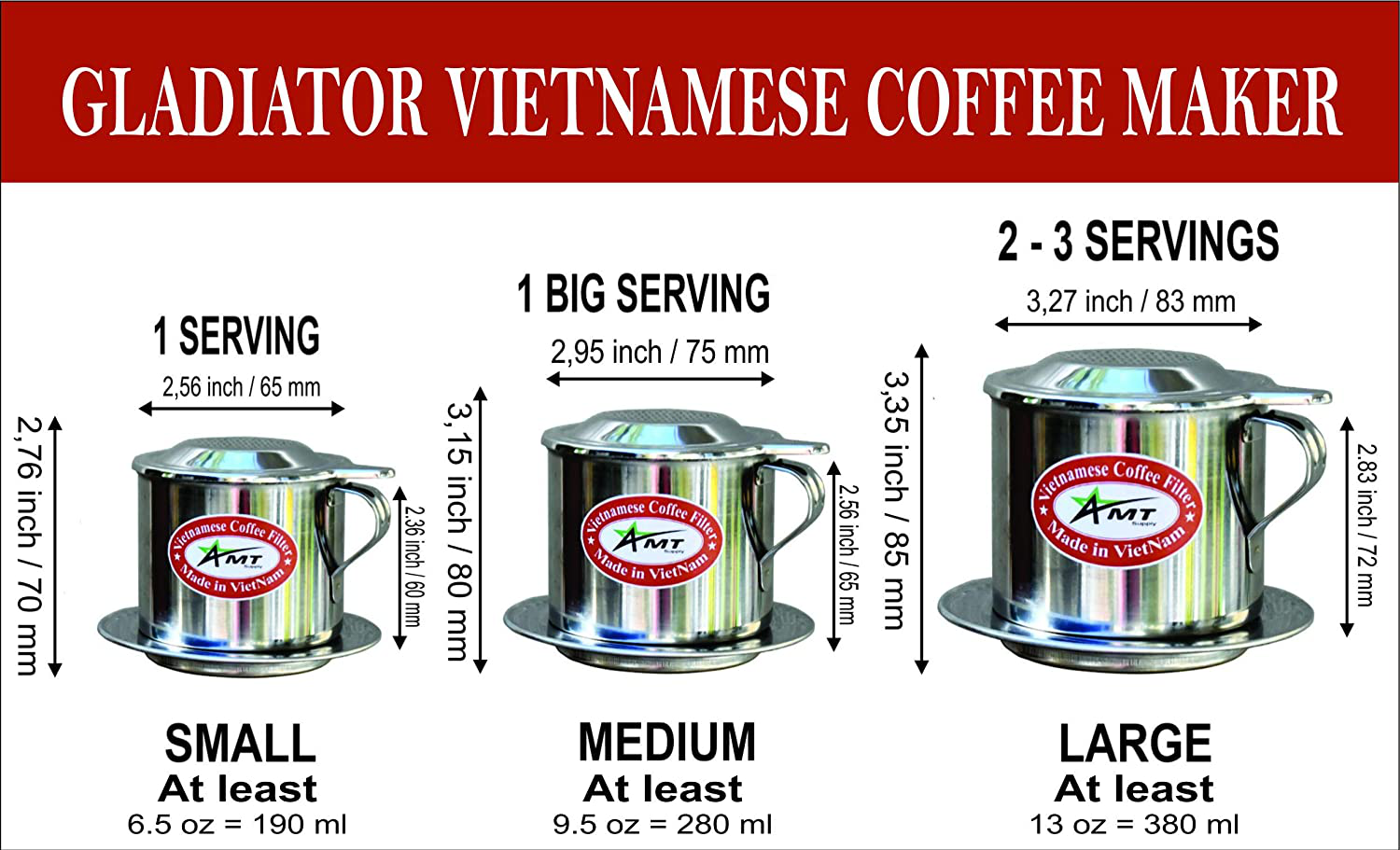 AMT 6.5 OZ Vietnamese Coffee Maker, 1 Serving Phin, Screw Down Coffee Vietnamese Coffee Filter Vietnam Coffee Dripper for making Vietnamese Style at Home Office(7, Handle))