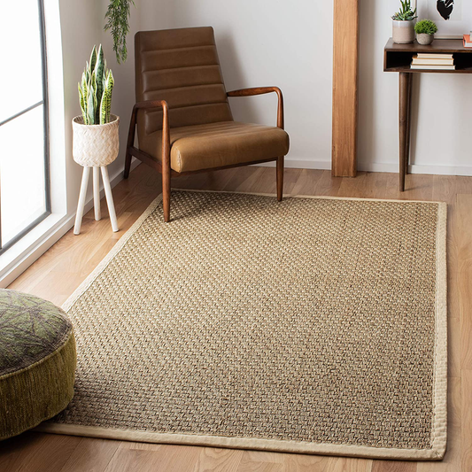 Safavieh Natural Fiber Collection NF114J Border Basketweave Seagrass Area Rug, 4' x 4' Square, Ivory