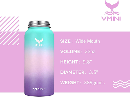 Vmini Water Bottle with New Wide Handle Straw Lid, Wide Mouth Vacuum Insulated 18/8 Stainless Steel, 32 oz, Gradient Mint + Pink + Purple