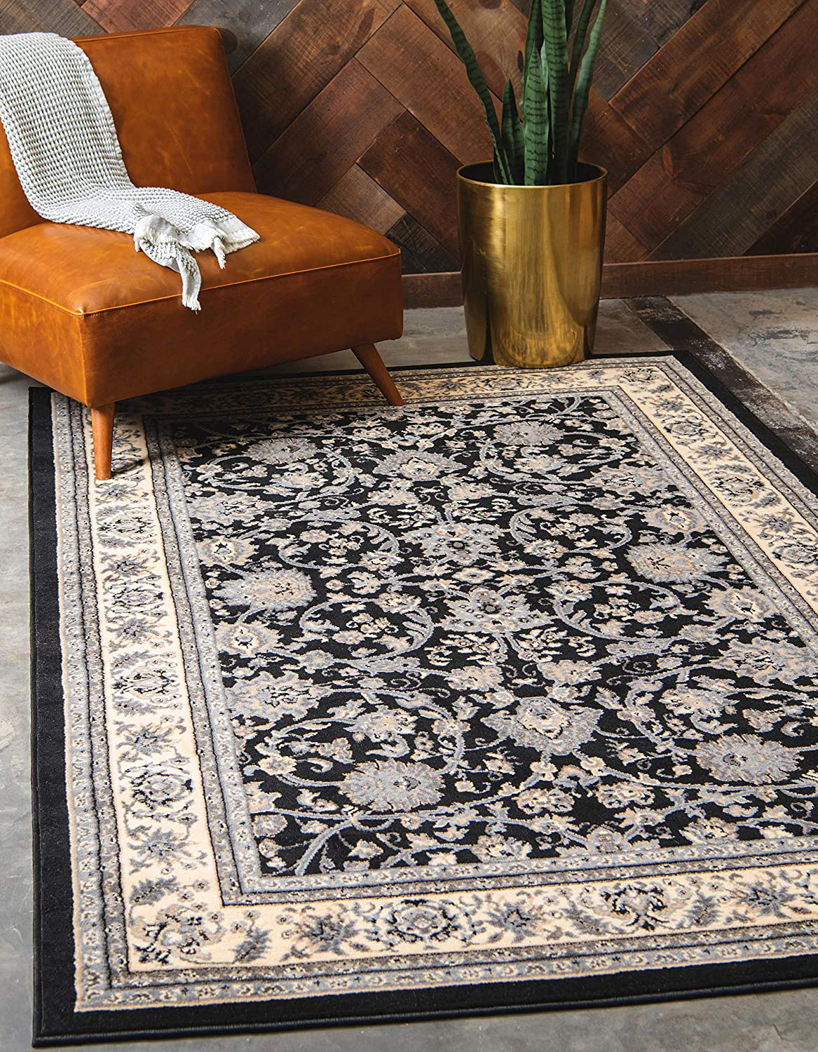 Unique Loom Kashan Traditional Floral Area Rug, 4 x 6 Feet, Black/Gray