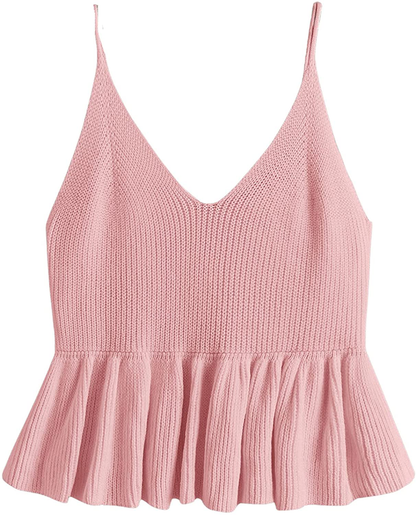 SweatyRocks Women's Casual Knit Top Sleeveless Ruffle Hem V Neck Peplum Crop Tank Top
