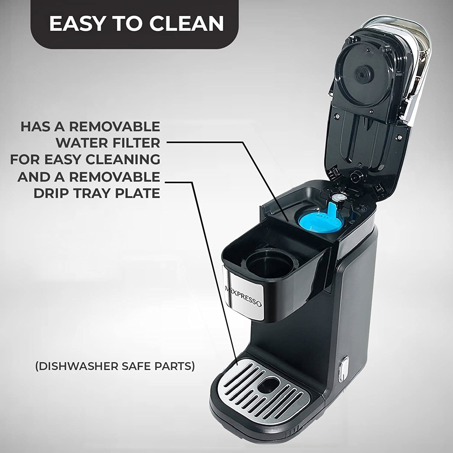 Mixpresso, Single Cup Coffee Maker | Personal Single Serve Coffee Machine, Compatible with KCup | Quick Brew Technology, Programmable Features, One Touch Function (Dark Grey)