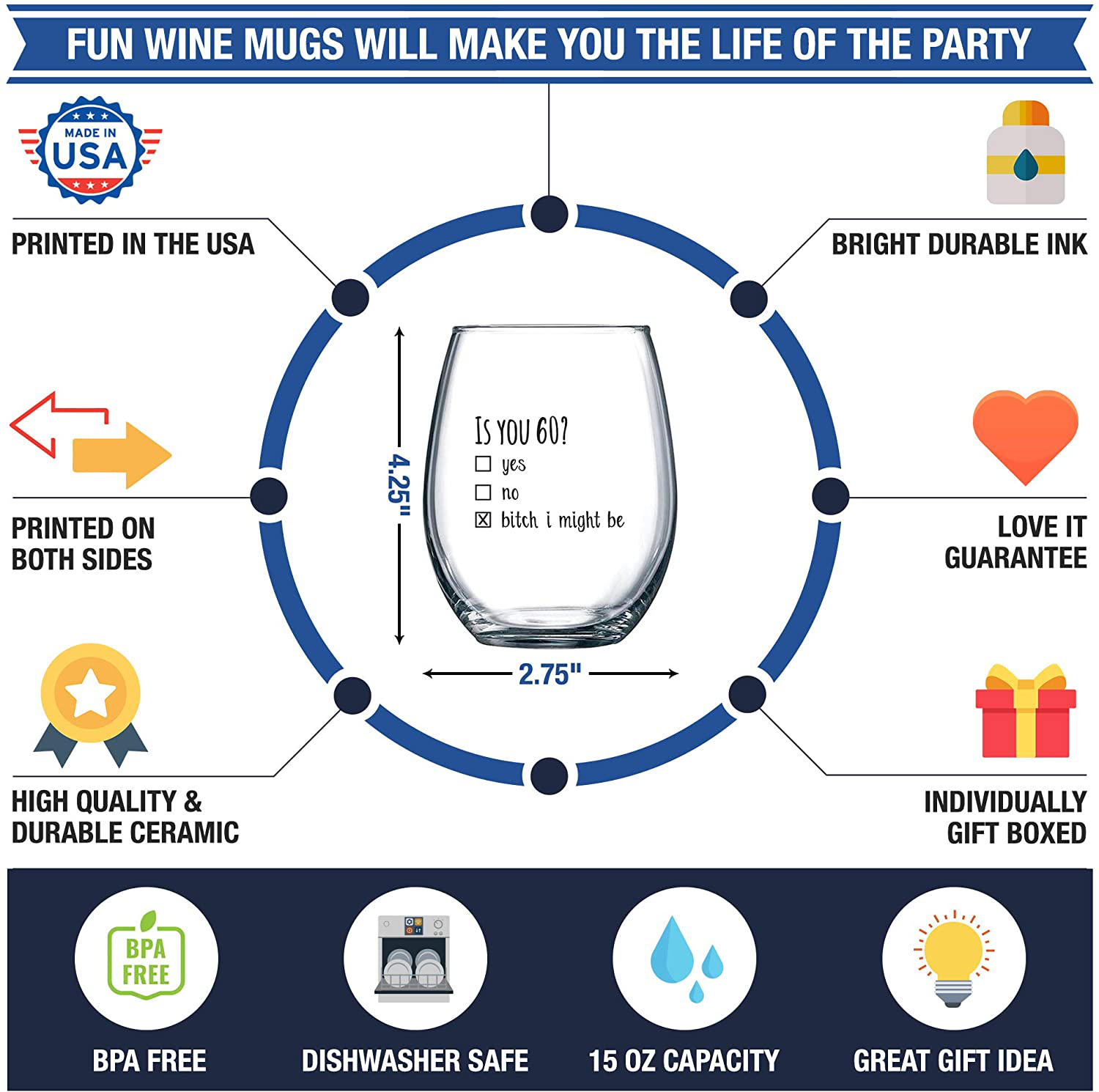 60th Birthday Gifts for Women and Men Wine Glass - Funny Is You 60 Gift Idea for Mom Dad Husband Wife – 60 Year Old Party Supplies Decorations for Him, Her - 15oz