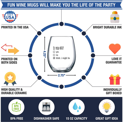 60th Birthday Gifts for Women and Men Wine Glass - Funny Is You 60 Gift Idea for Mom Dad Husband Wife – 60 Year Old Party Supplies Decorations for Him, Her - 15oz