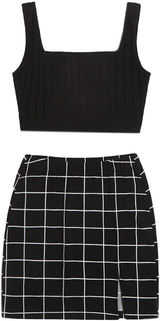 Milumia Women 2 Pieces Outfit Ribbed Knit Crop Tank Top and Plaid Mini Skirt Set