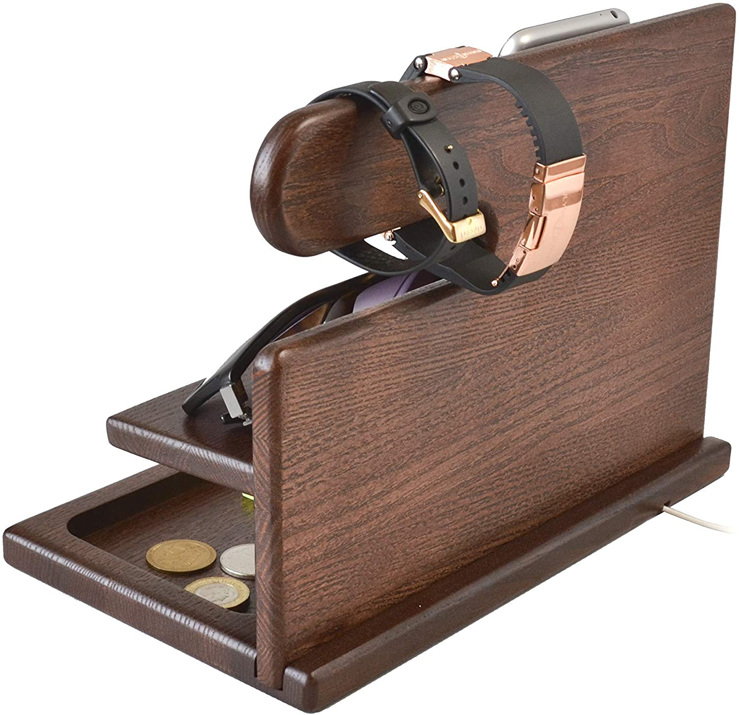 TESLYAR Wood Phone Docking Station Ash Key Holder Wallet Stand Watch Organizer Men Gift Husband Wife Anniversary Dad Birthday Nightstand Purse Father Graduation Male Travel Idea Gadgets (Brown)