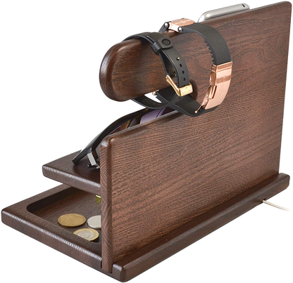 TESLYAR Wood Phone Docking Station Ash Key Holder Wallet Stand Watch Organizer Men Gift Husband Wife Anniversary Dad Birthday Nightstand Purse Father Graduation Male Travel Idea Gadgets (Brown)