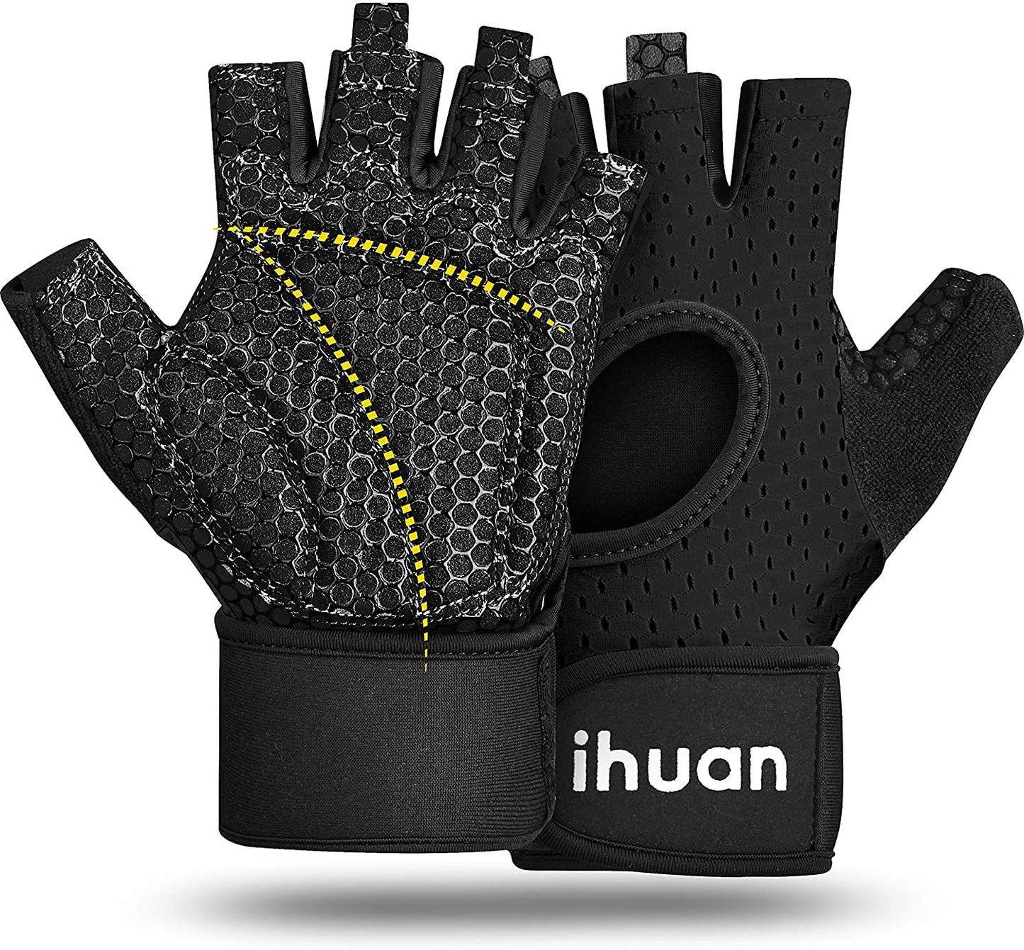 ihuan Ventilated Weight Lifting Gym Workout Gloves Full Finger with Wrist Wrap Support for Men & Women, Full Palm Protection, for Weightlifting, Training, Fitness, Hanging, Pull ups