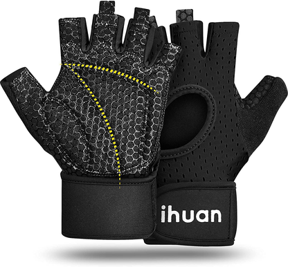 ihuan Ventilated Weight Lifting Gym Workout Gloves Full Finger with Wrist Wrap Support for Men & Women, Full Palm Protection, for Weightlifting, Training, Fitness, Hanging, Pull ups