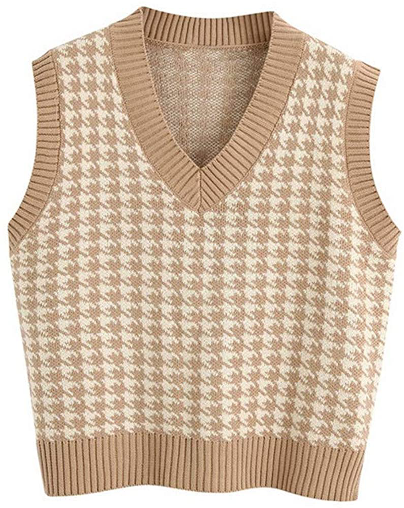 Jlihang Oversized Houndstooth Knitted Vest Sweater Vintage V Neck Loose Sleeveless Sweater