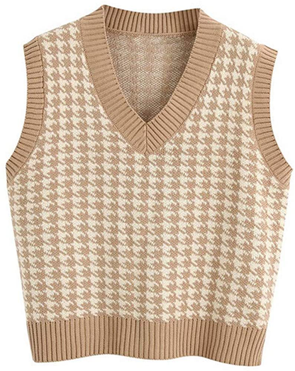 Jlihang Oversized Houndstooth Knitted Vest Sweater Vintage V Neck Loose Sleeveless Sweater