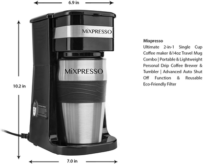 Mixpresso 2-In-1 Single Cup Coffee Maker & 14oz Travel Mug Combo | Portable & Lightweight Personal Drip Coffee Brewer & Tumbler Advanced Auto Shut Off Function & Reusable Eco-Friendly Filter