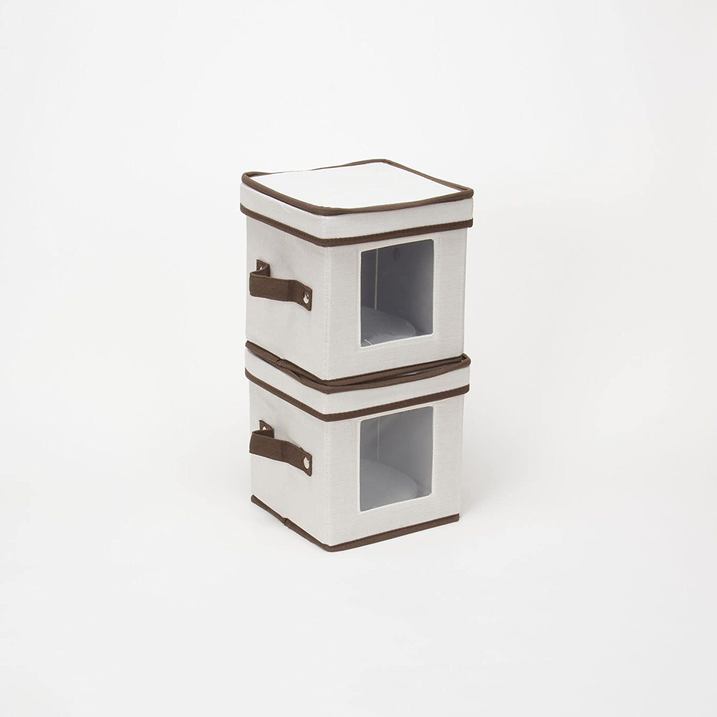 Household Essentials Natural 530 Dinnerware Box with Lid and Handles | Storage Bin for Small Saucer Plates Canvas with Brown Trim