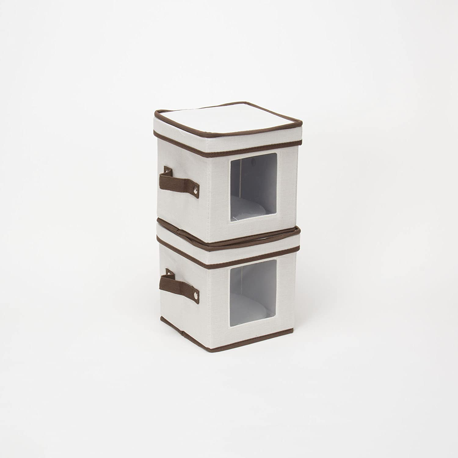 Household Essentials Natural 530 Dinnerware Box with Lid and Handles | Storage Bin for Small Saucer Plates Canvas with Brown Trim