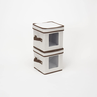 Household Essentials Natural 530 Dinnerware Box with Lid and Handles | Storage Bin for Small Saucer Plates Canvas with Brown Trim
