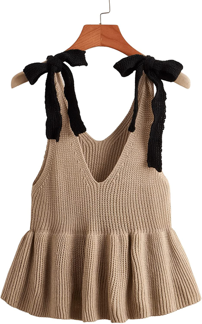 SweatyRocks Women's Casual Knit Top Sleeveless Ruffle Hem V Neck Peplum Crop Tank Top