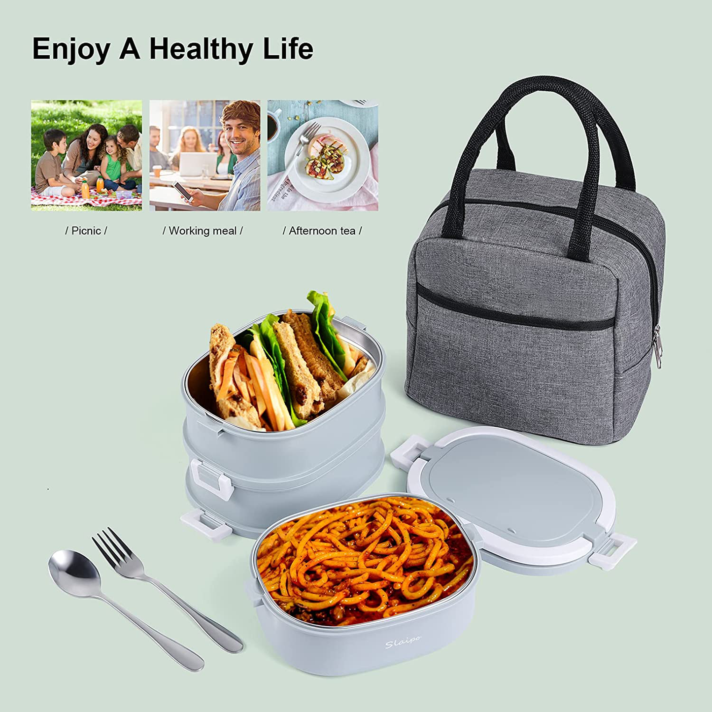Bento Box Adult Lunch Box, Slaipo Leak-proof Lunch Box Containers Insulated Lunch Bag Fork Spoon, Portable Stackable Food Container Storage Boxes for Work School Camping, 3 Tiers…