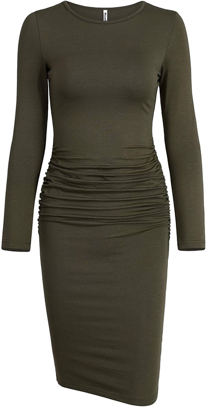 Missufe Women's Long Sleeve Ruched Casual Sundress Midi Bodycon Sheath Dress