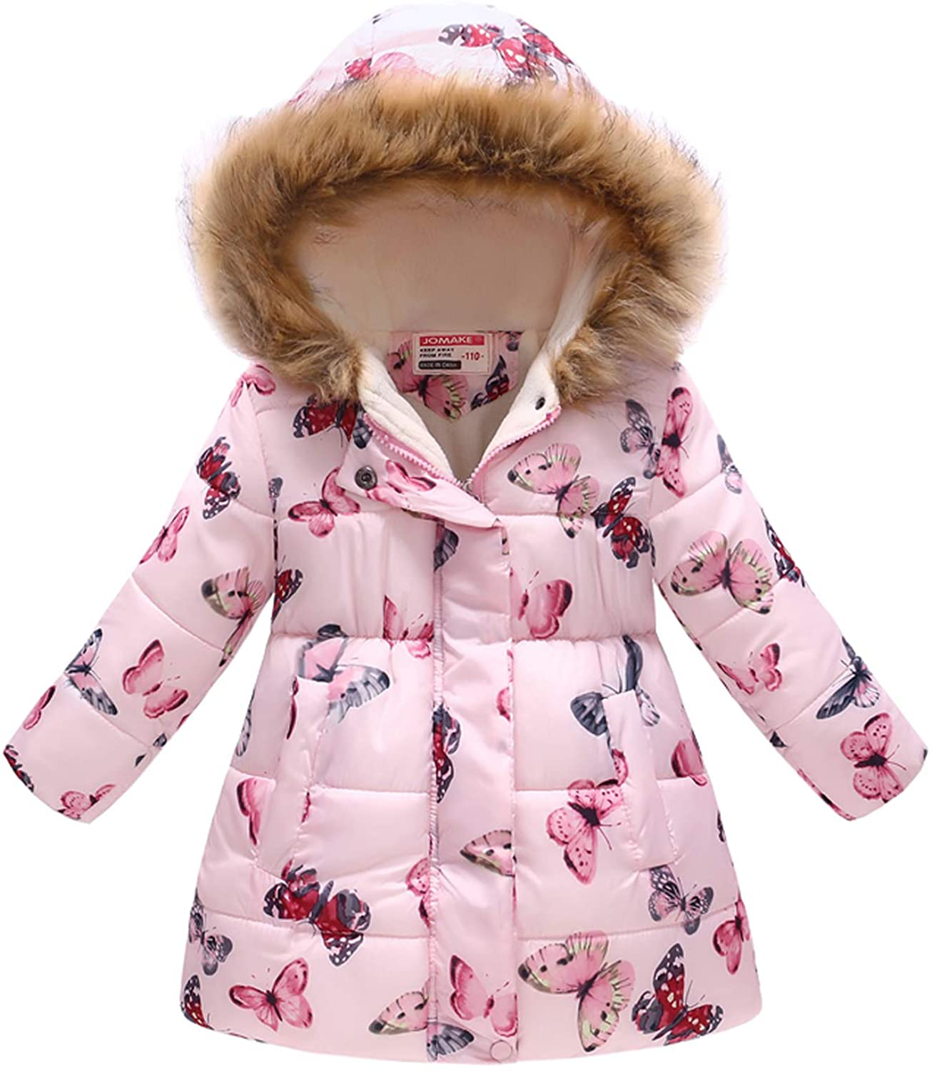 UWBACK Winter Coat for Girls Hooded Floral Print Kids Warm Cotton Parka