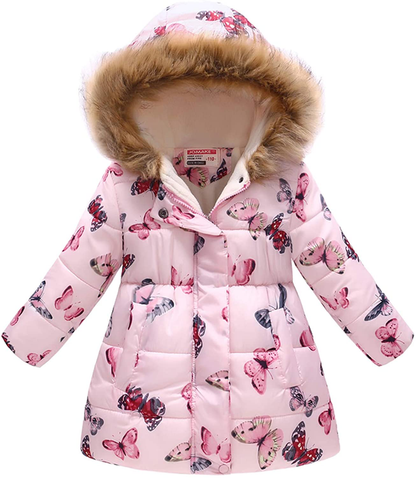 UWBACK Winter Coat for Girls Hooded Floral Print Kids Warm Cotton Parka
