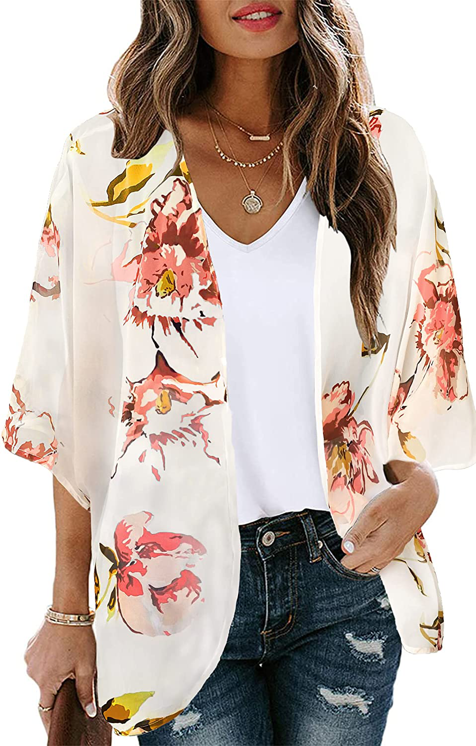 Women's Floral Print Puff Sleeve Kimono Cardigan Loose Cover Up Casual Blouse Tops