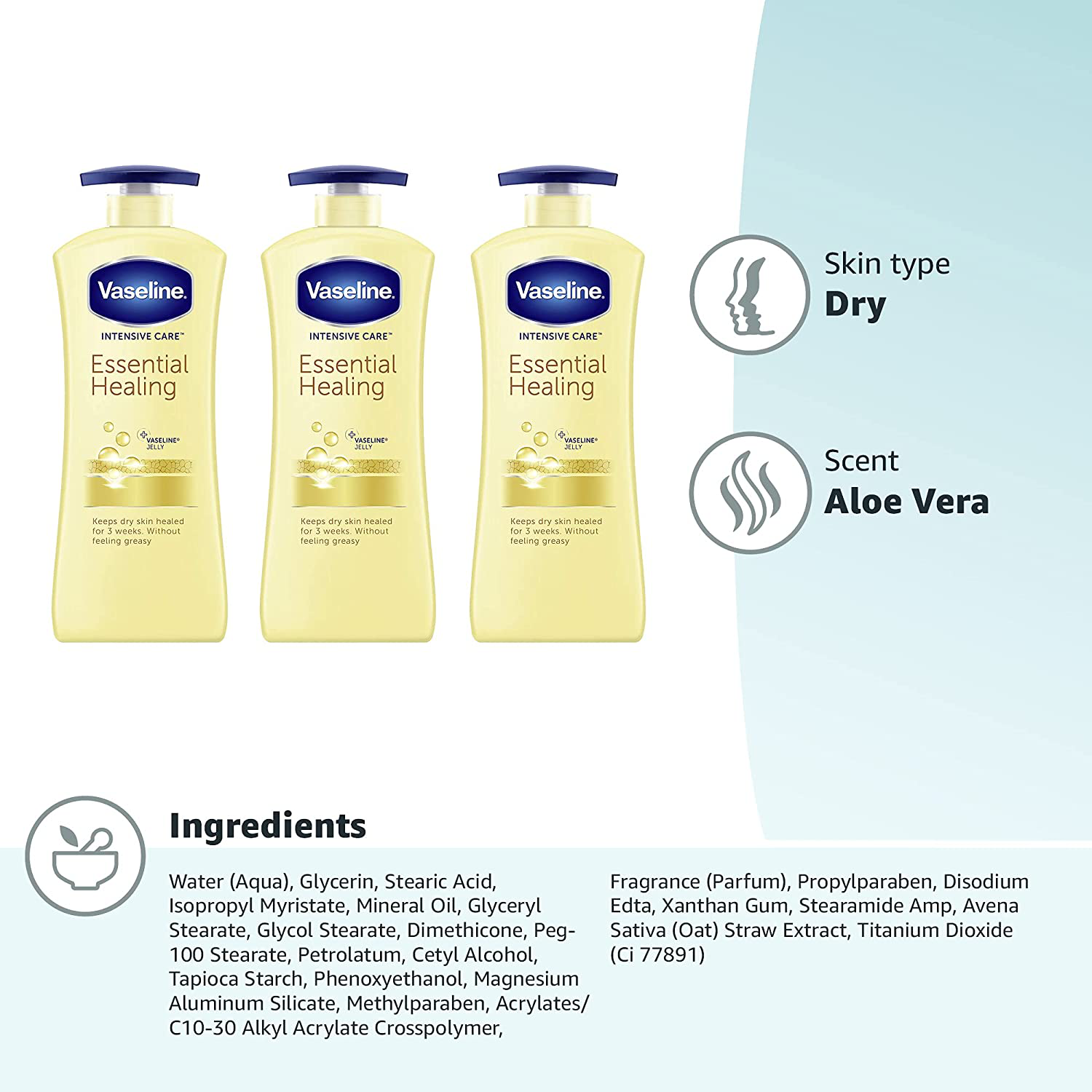 Vaseline hand and body lotion Intensive Care Moisturizer for Dry Skin Essential Healing Clinically Proven to Moisturize Deeply With One Application 20.3 oz 3 count