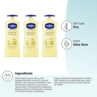 Vaseline hand and body lotion Intensive Care Moisturizer for Dry Skin Essential Healing Clinically Proven to Moisturize Deeply With One Application 20.3 oz 3 count