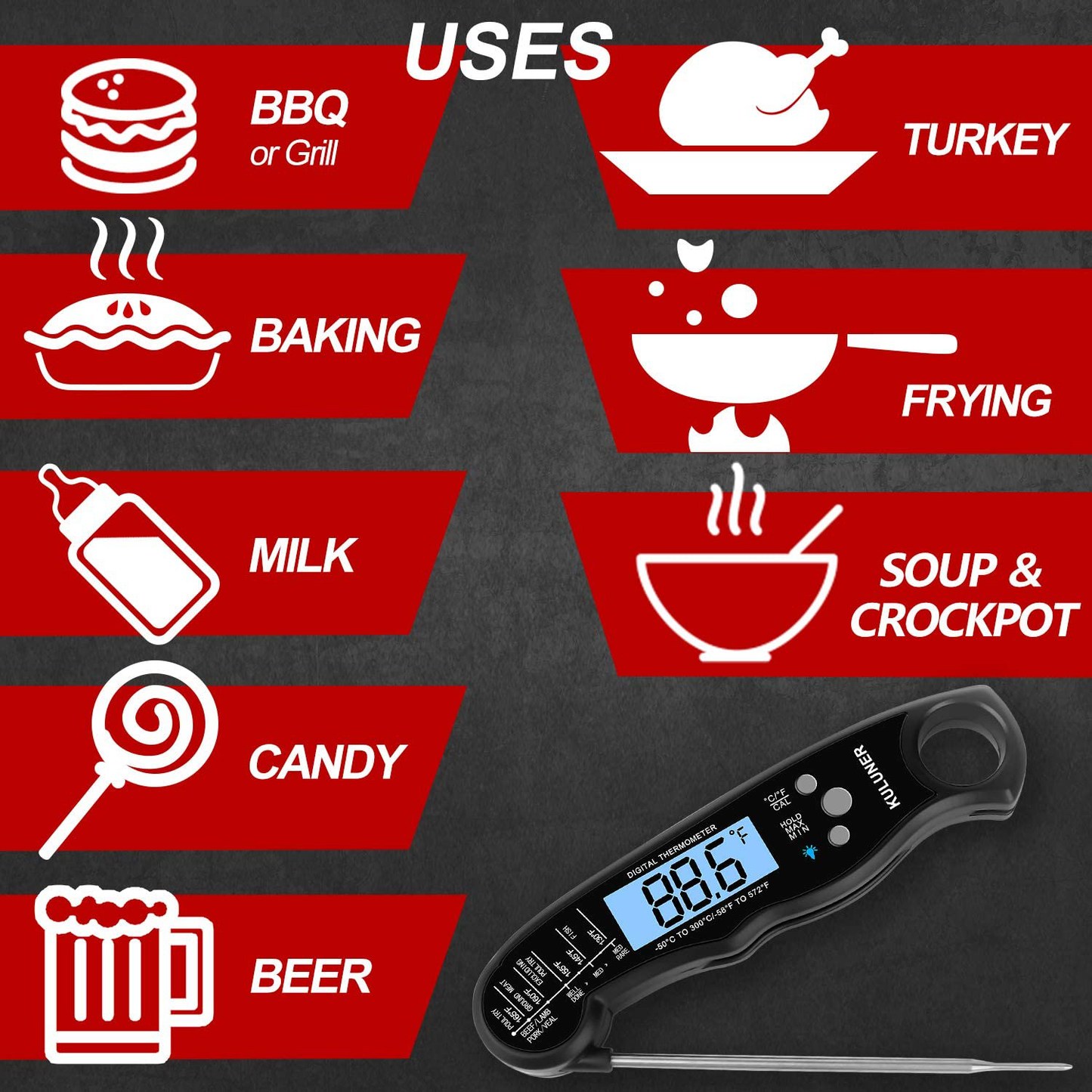 KULUNER TP-01 Waterproof Digital Instant Read Meat Thermometer with 4.6” Folding Probe Backlight & Calibration Function for Cooking Food Candy, BBQ Grill, Liquids,Beef(Orange)