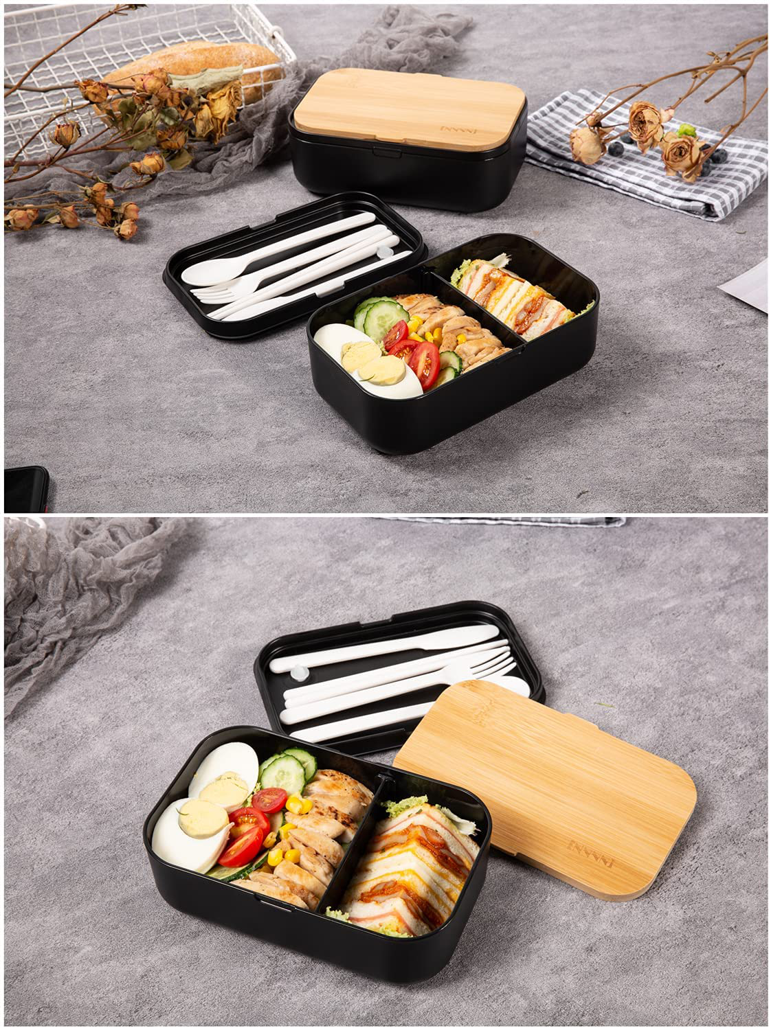 INVVNI Japanese Bento Box Adult Lunch Bamboo Containers for Kids Black (Large 68 Oz Capacity)- Microwave safe, Bpa free, Leakproof, Men Women