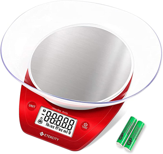 Etekcity 0.1g Food Kitchen Scale Bowl, Digital Grams and Ounces for Weight Loss, Baking, Cooking and Keto, 11lb, Red Stainless Steel