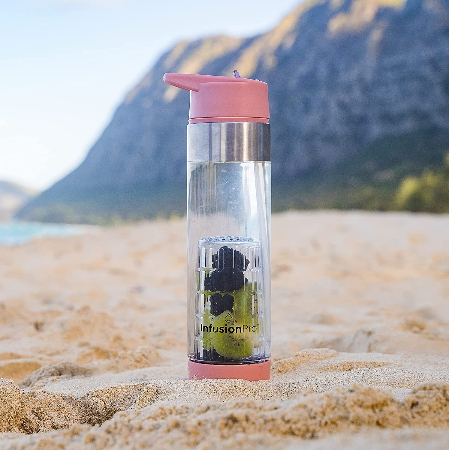 Infusion Pro Fruit Infuser Water Bottle with Straw Lid 24 oz : Flip-Up Water Bottle Straw : Insulated Sleeve & Fruit Infusion Water eBook : Bottom Loading Water Infuser for More Flavor - Kauai Sunset