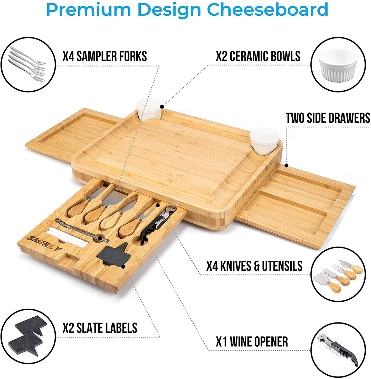 SMIRLY Bamboo Cheese Board and Knife Set: Large Charcuterie Board Set - Wine Meat Cheese Platter - Unique Housewarming Gift for Women, Wedding & Anniversary Gift for Couple, Bridal Shower Gift for Her