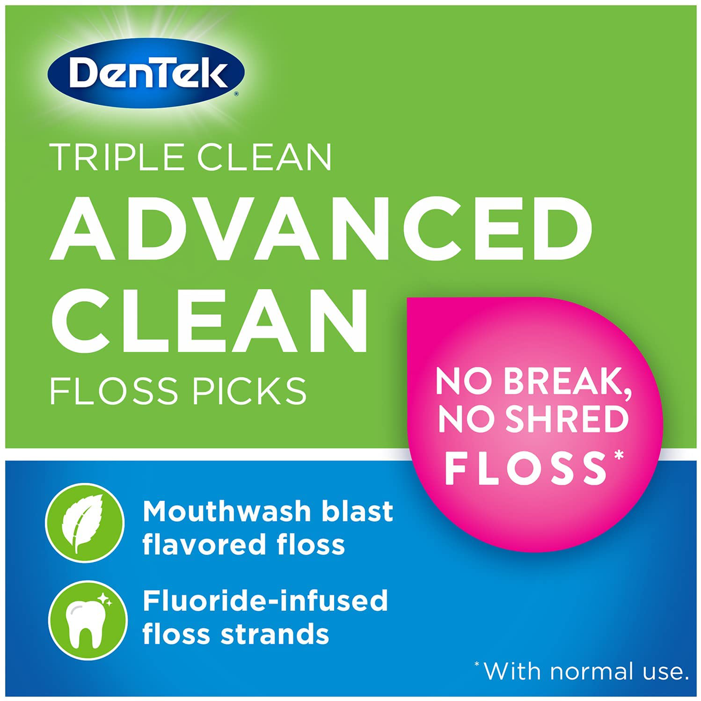 DenTek Triple Clean Advanced Clean Floss Picks, No Break & No Shred Floss, 20 Count, 6 Pack
