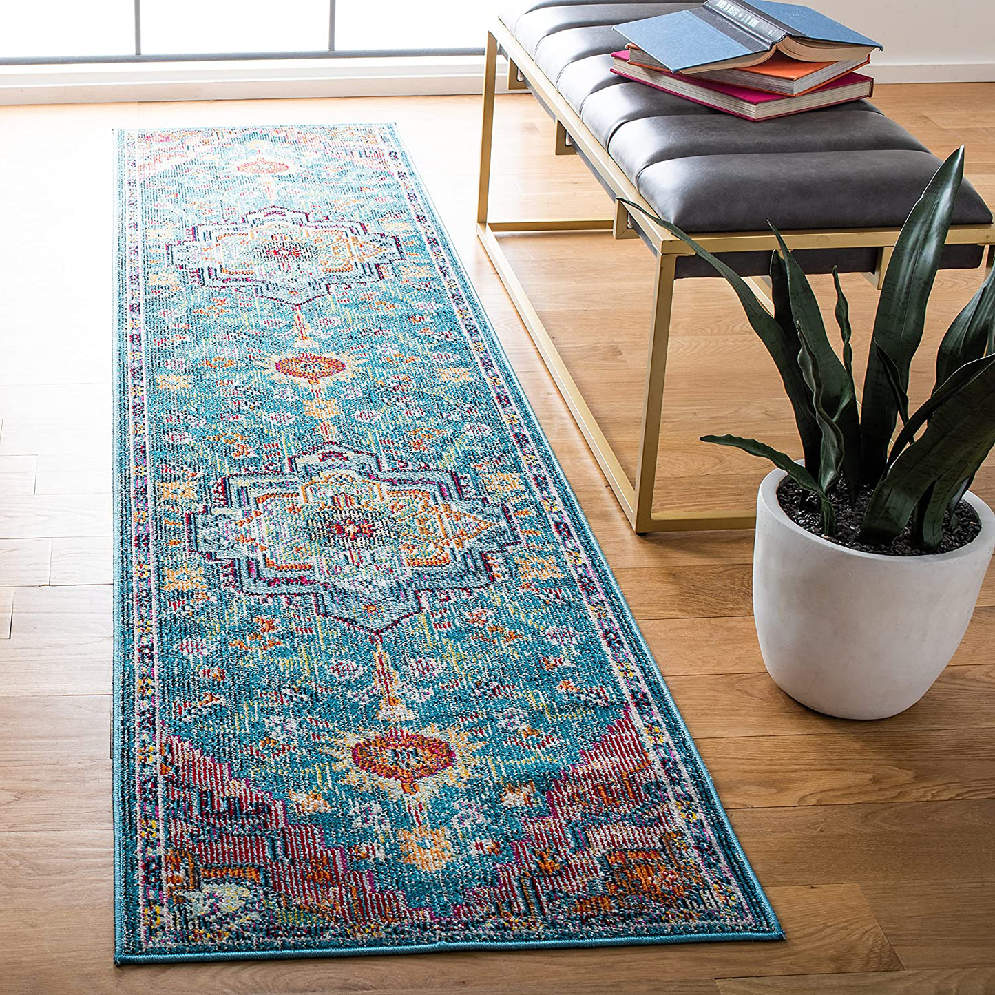 Safavieh Crystal Collection CRS501T Boho Chic Oriental Medallion Distressed Non-Shedding Stain Resistant Living Room Bedroom Runner, 2'2" x 13' , Teal / Rose
