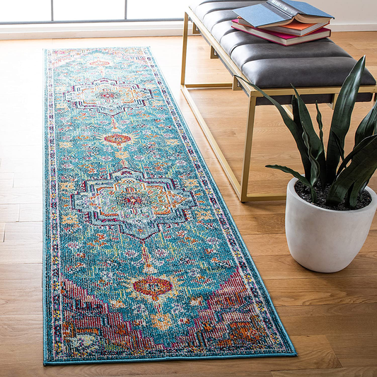 Safavieh Crystal Collection CRS501T Boho Chic Oriental Medallion Distressed Non-Shedding Stain Resistant Living Room Bedroom Runner, 2'2" x 13' , Teal / Rose
