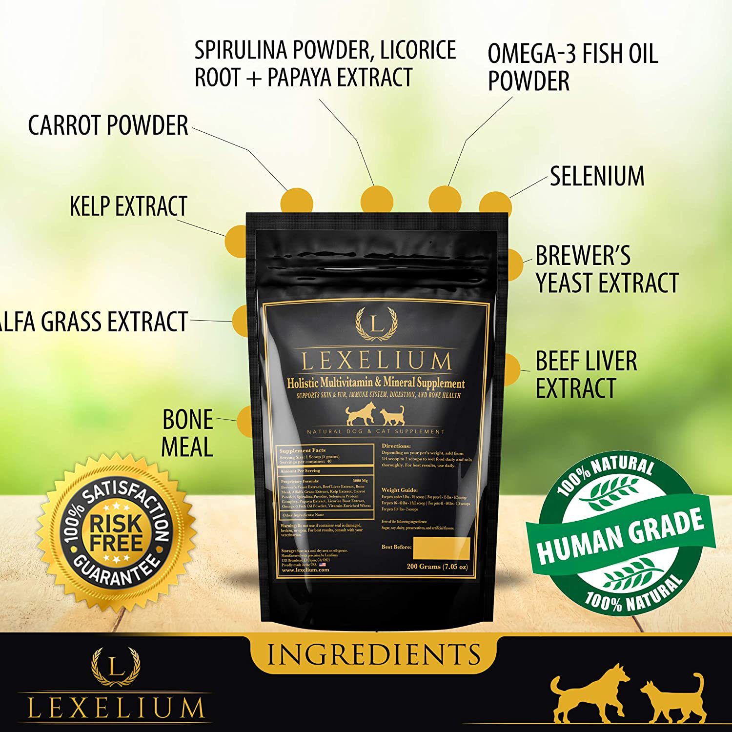 Holistic Multivitamin Supplement for Dogs and Cats | Complete 12-in-1 Plant-Based Vitamins & Minerals for Skin, Coat, Digestion, Bones, and Immunity | Omega-3 Fish Oil, Vitamin Mineral Complex | 200G