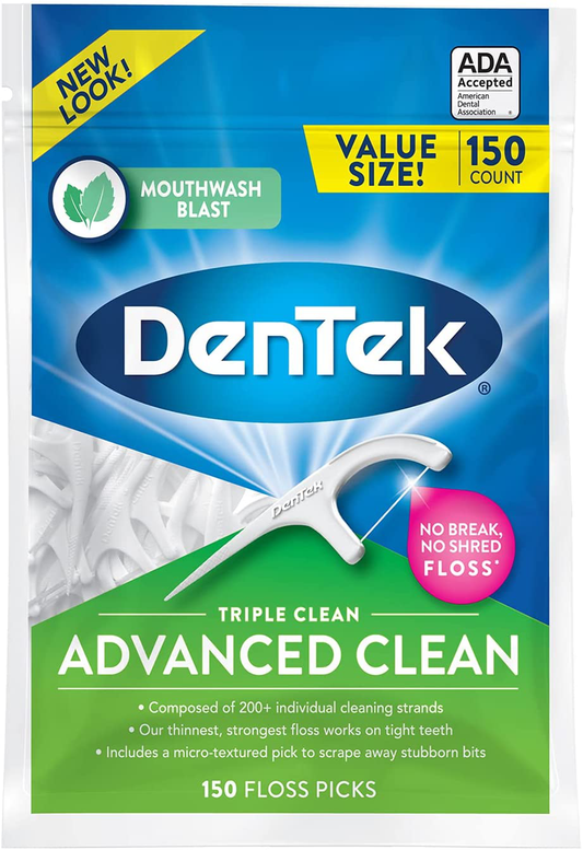 DenTek Triple Clean Advanced Clean Floss Picks, No Break & No Shred Floss, 150 Count, 6 Pack