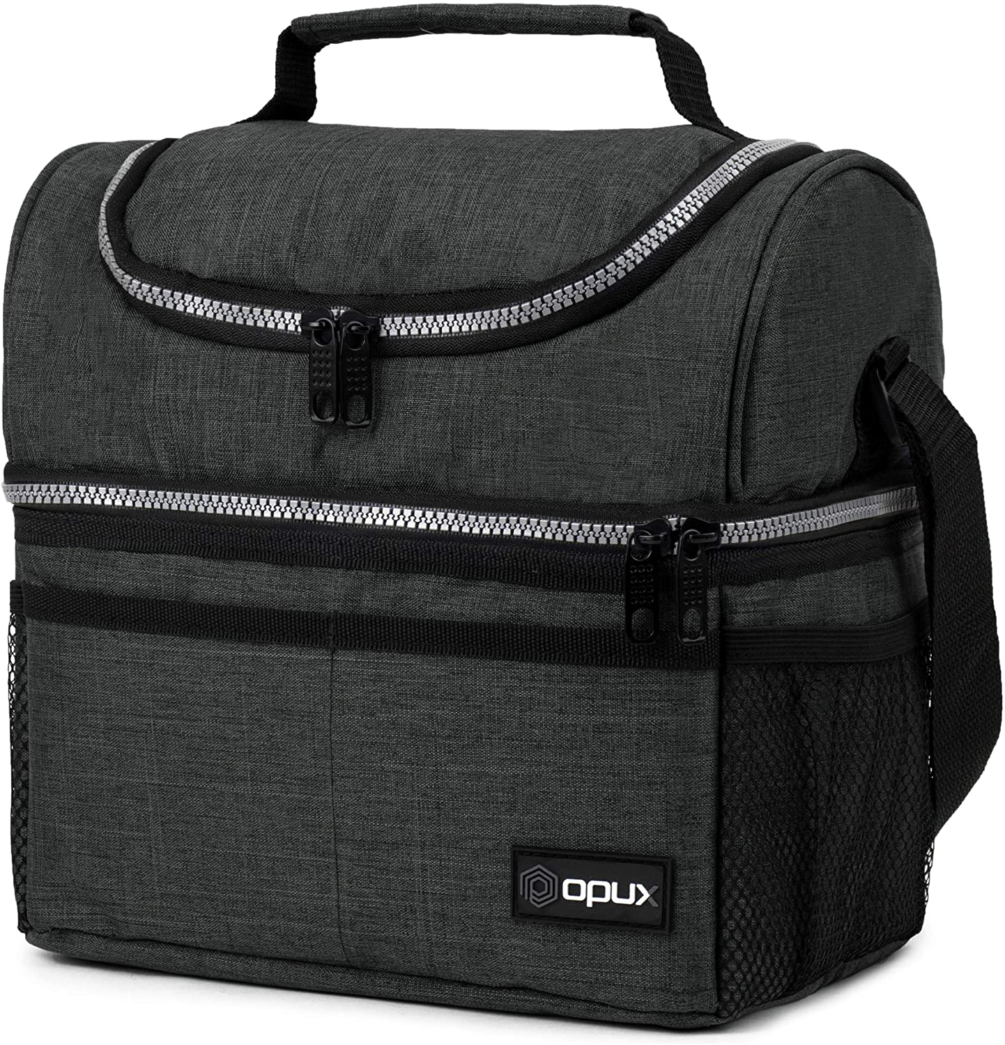 Insulated Dual Compartment Lunch Bag for Men, Women | Double Deck Reusable Lunch Box Cooler with Shoulder Strap, Leakproof Liner | Medium Lunch Pail for School, Work, Office (Charcoal Gray)