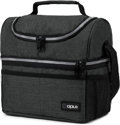 Insulated Dual Compartment Lunch Bag for Men, Women | Double Deck Reusable Lunch Box Cooler with Shoulder Strap, Leakproof Liner | Medium Lunch Pail for School, Work, Office (Charcoal Gray)